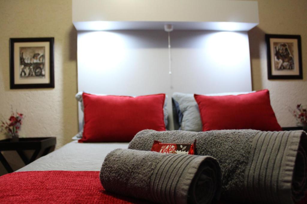 a bedroom with a bed with red pillows at Spruitjie-roer-my-nie in Potchefstroom