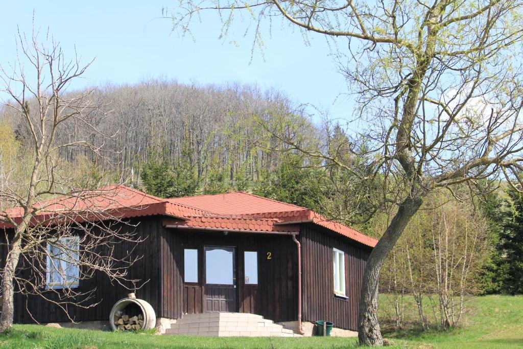 a small house with a red roof in a field at Szałas Muflon - Mufflonhütte in Jelenia Góra