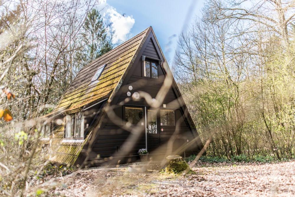 una pequeña casa con techo en el bosque en Bungalow 131, en Durbuy