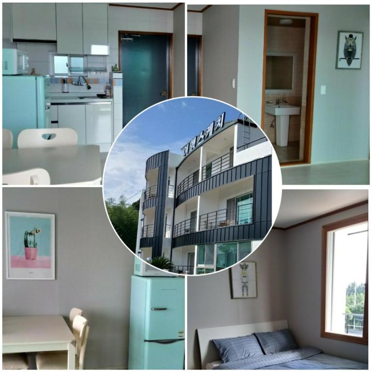 a collage of three pictures of a building at Toursketch Pension in Seogwipo