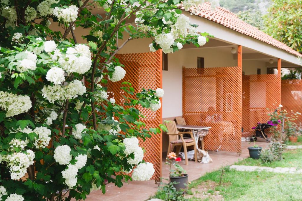 a garden with a table and white flowers at Village Garden Pansiyon in Cıralı