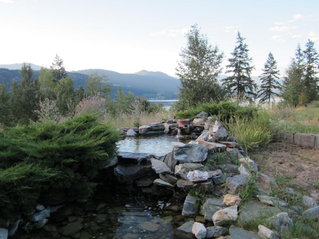 un ruisseau d'eau avec des rochers dans un champ dans l'établissement Jade Mountain Motel, à Chase