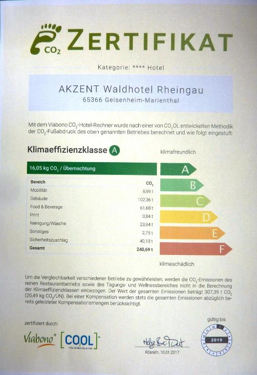 Certifikát, hodnocení, plakát nebo jiný dokument vystavený v ubytování Akzent Waldhotel Rheingau