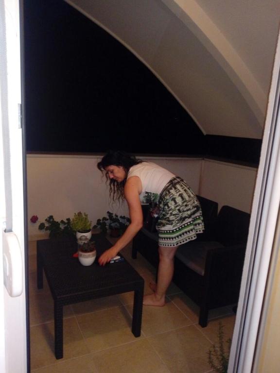 a woman standing next to a table with a potted plant at Jasna Apartman in Vrnjačka Banja