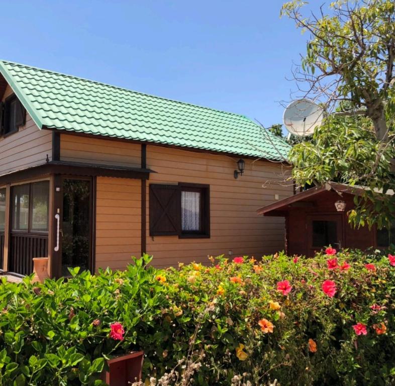 una casa con un tetto verde e dei fiori di Un lugar para descansar y disfrutar a Vélez-Málaga