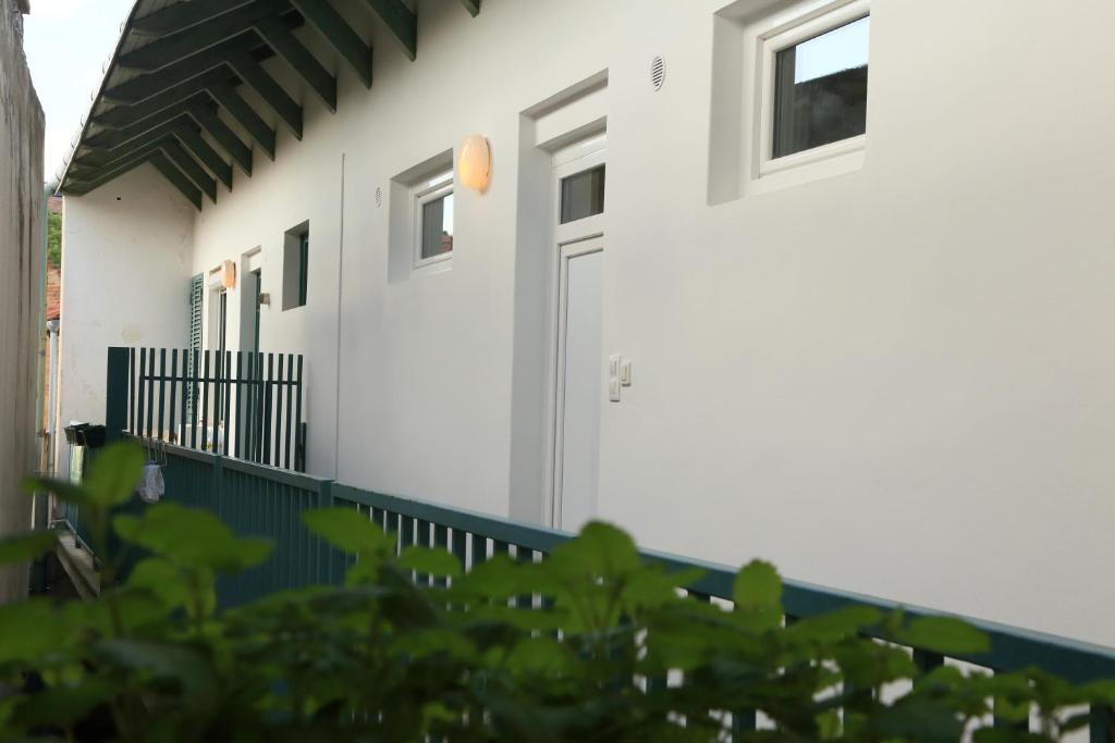 Biały dom z drzwiami i płotem w obiekcie Mária Apartman Pécs w mieście Pecz
