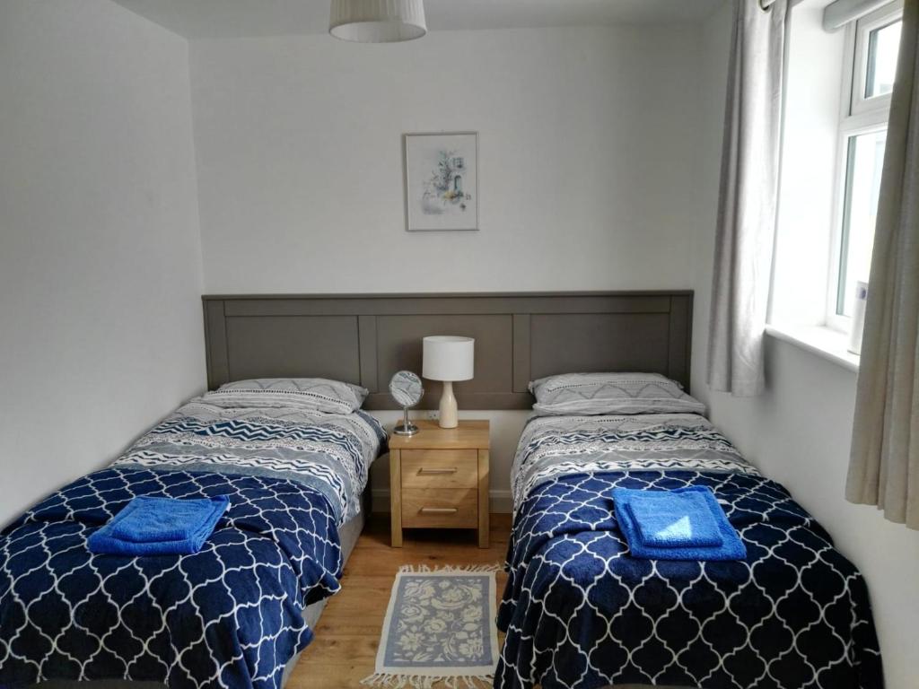 two beds in a bedroom with blue pillows on them at Elm Cottage in Cong