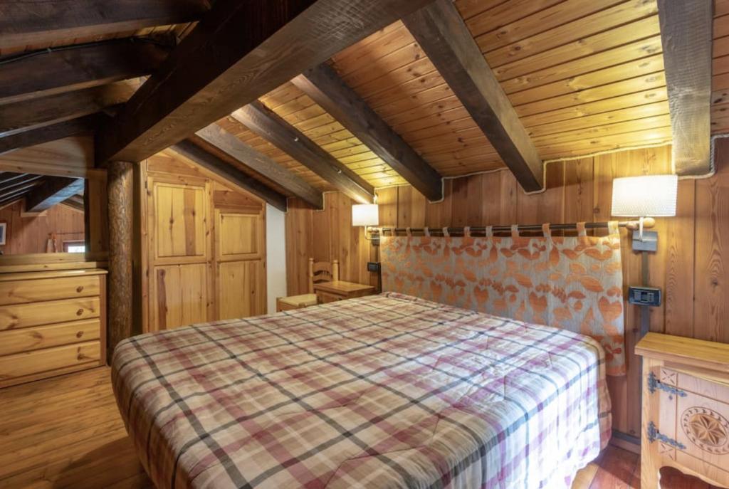 布呂松的住宿－La baita di Brusson，一间带一张床的卧室,位于带木制天花板的房间内