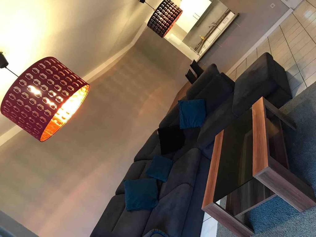 un soggiorno con divano e lampada di Dream Apartment Wiesbaden City Balkon RHEIN MAIN CONGRESS CENTER a Wiesbaden