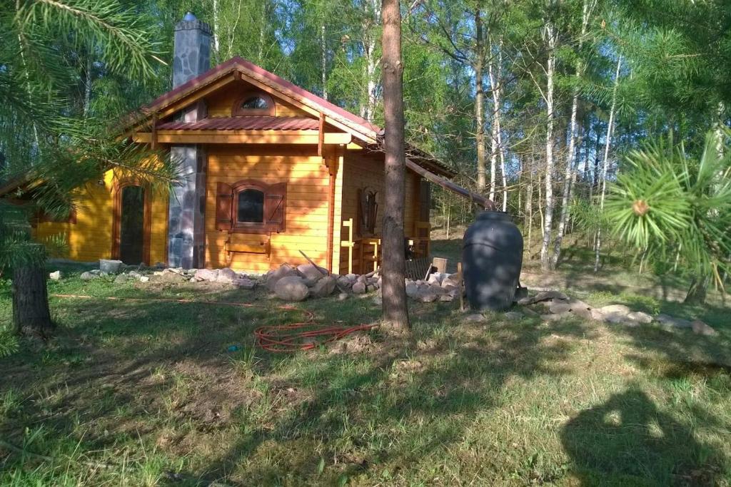 une cabane en rondins au milieu d'une forêt dans l'établissement HARFA, à Chrztowo