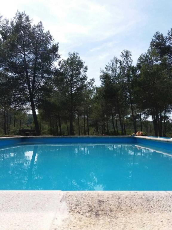 a blue swimming pool with trees in the background at Refugio de Montaña "El Caroche" Alojamiento entero in Enguera