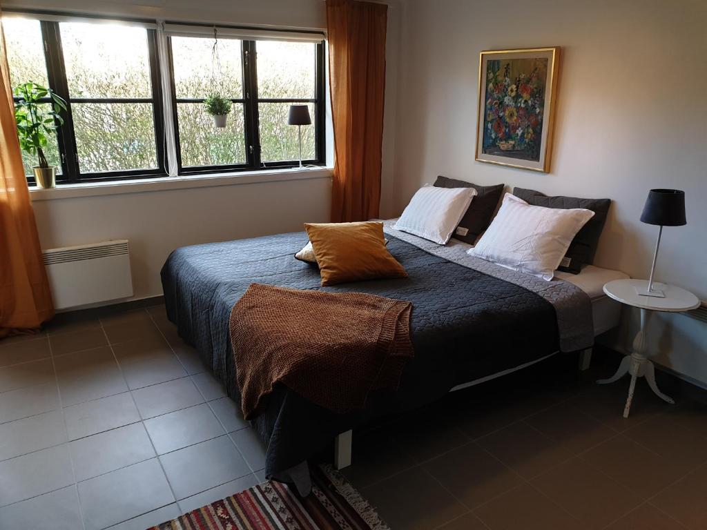 1 dormitorio con cama con almohadas y ventana en Stuga Bra Nock, en Brösarp