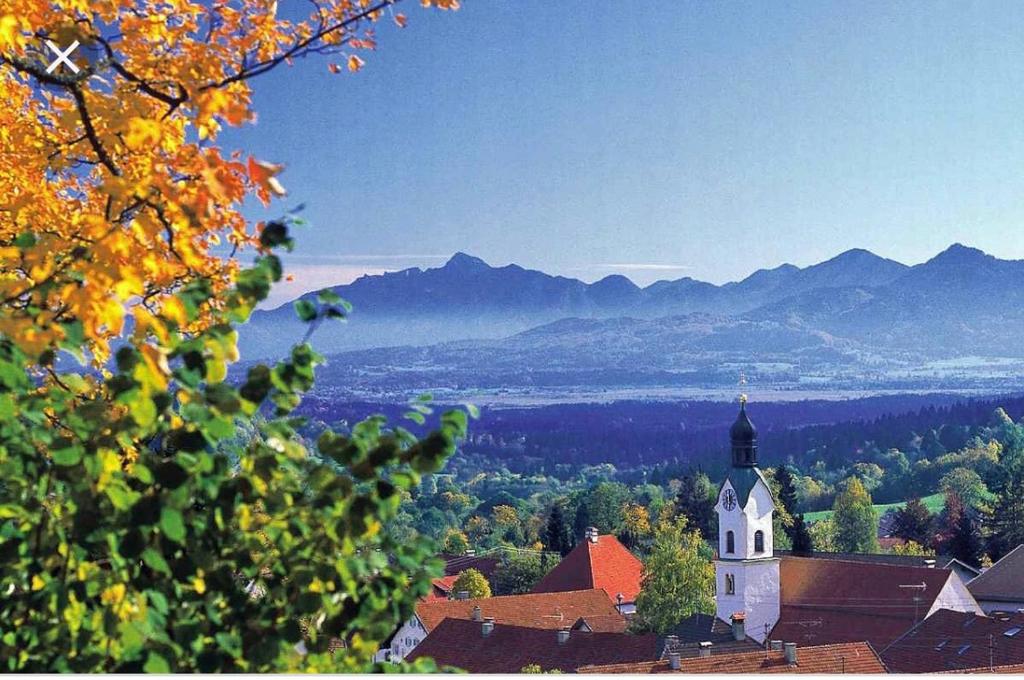 eine Kirche mitten in einem Tal mit Bergen in der Unterkunft Alpenblick Murnauer Straße 16 Ferienwohnung in Bad Kohlgrub