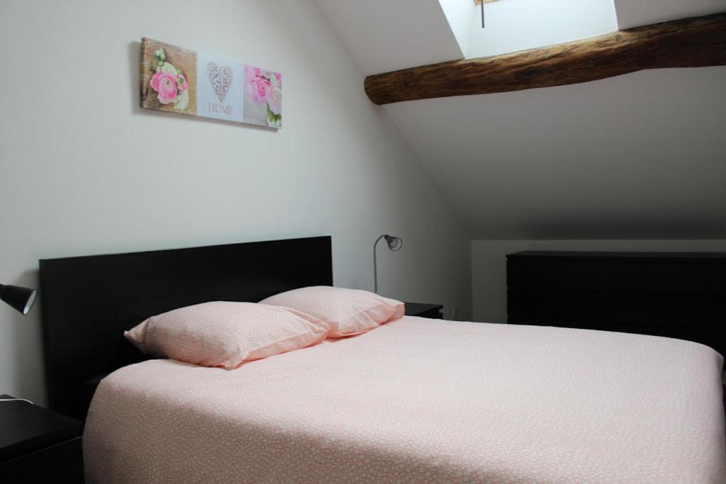Una cama con dos almohadas rosas encima. en Gite des Celliers en Alise-Sainte-Reine