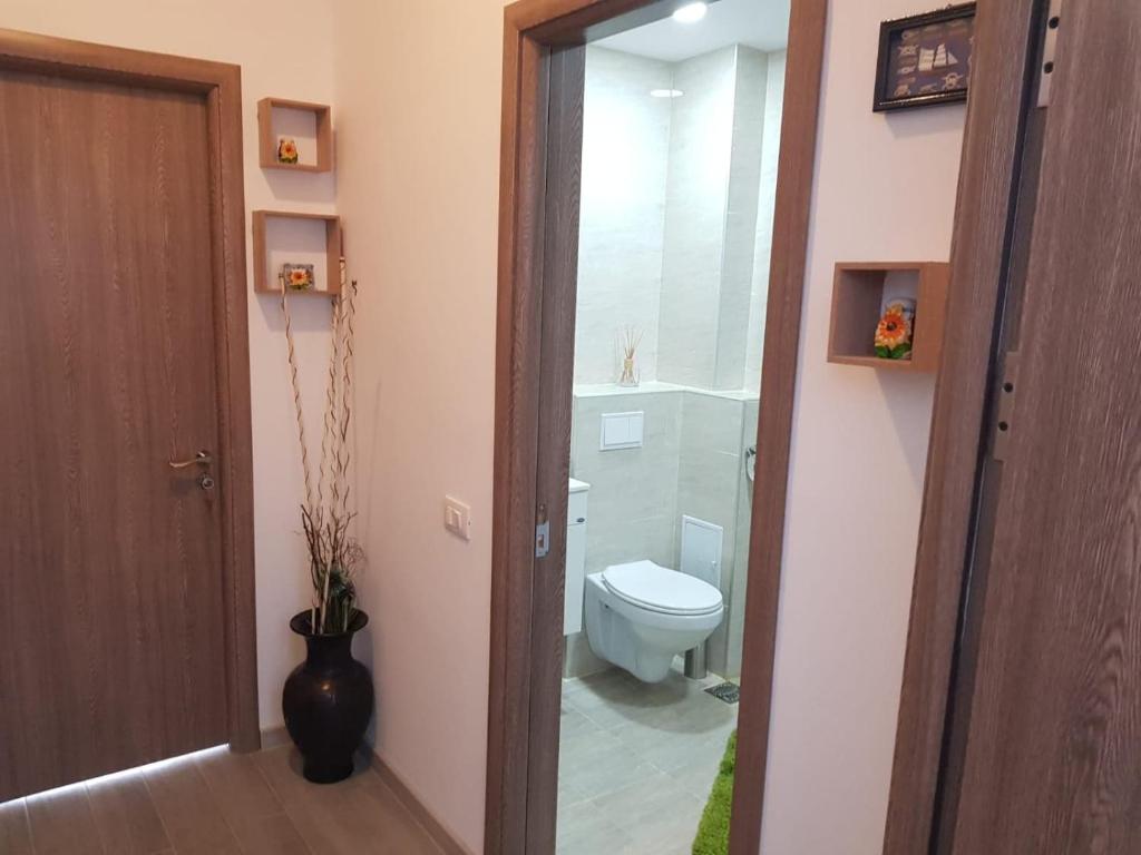 ein Badezimmer mit einem WC und einer Glastür in der Unterkunft Apartament Noblesse, complex Apolonia-Eforie Nord in Eforie Nord