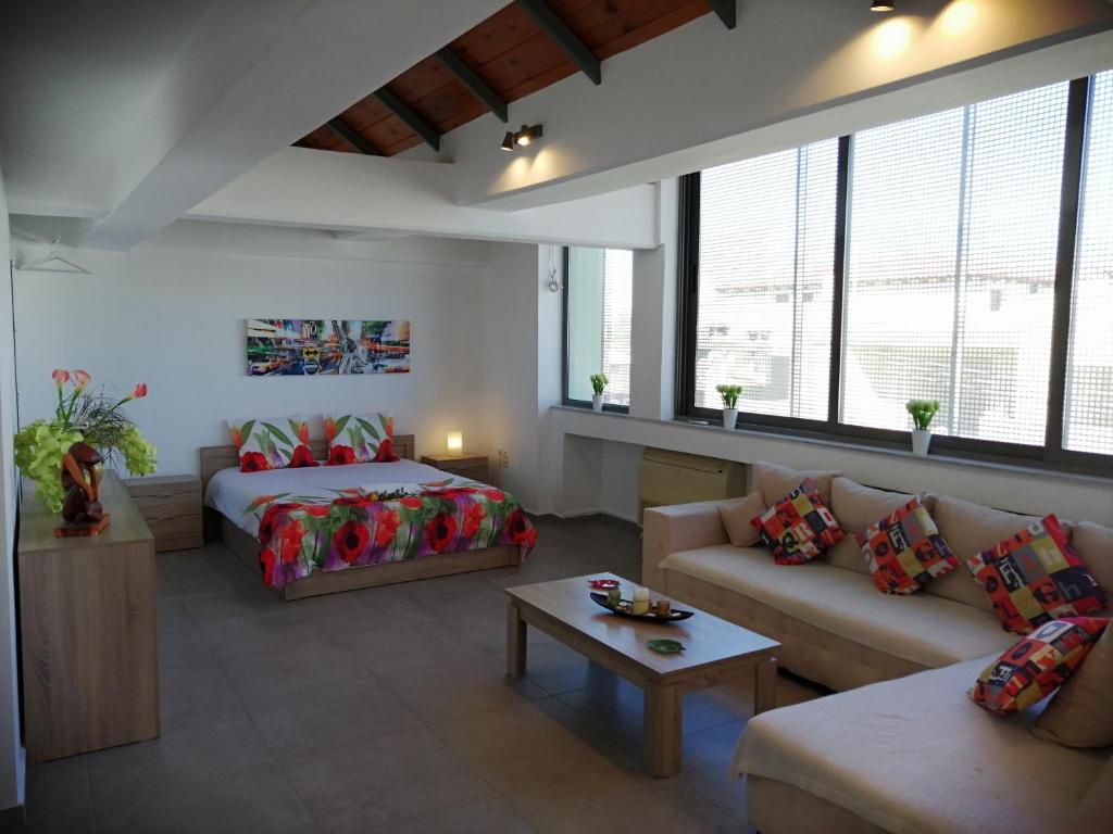 Glyka Nera的住宿－Spacious & Modern Studio Apartment Near the Airport，一间带一张床和一张沙发的客厅和一间带一张床的房间