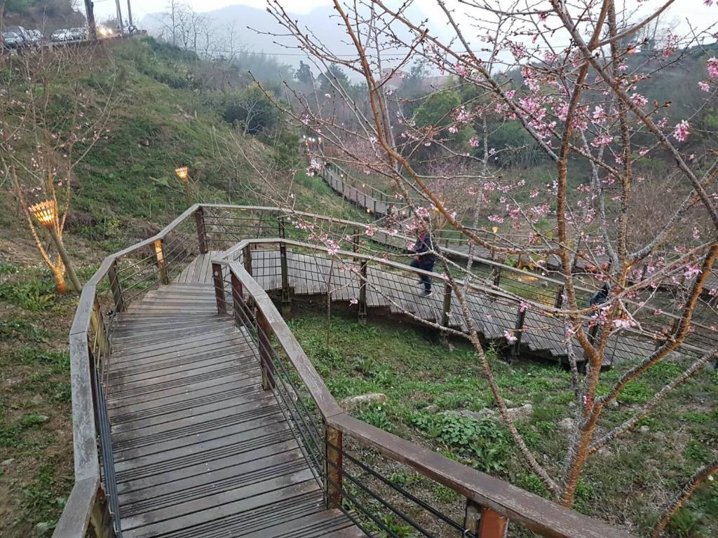 a wooden boardwalk on a hill with pink flowers at Ming Yang B&amp;B in Fenqihu