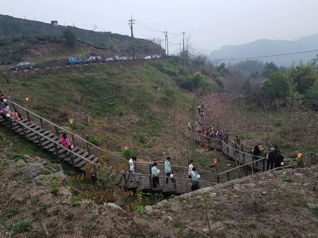 a group of people standing on a bridge on a hill at Ming Yang B&amp;B in Fenqihu