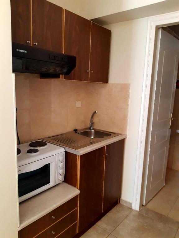a small kitchen with a sink and a microwave at Vrokastro Apartments in Istro