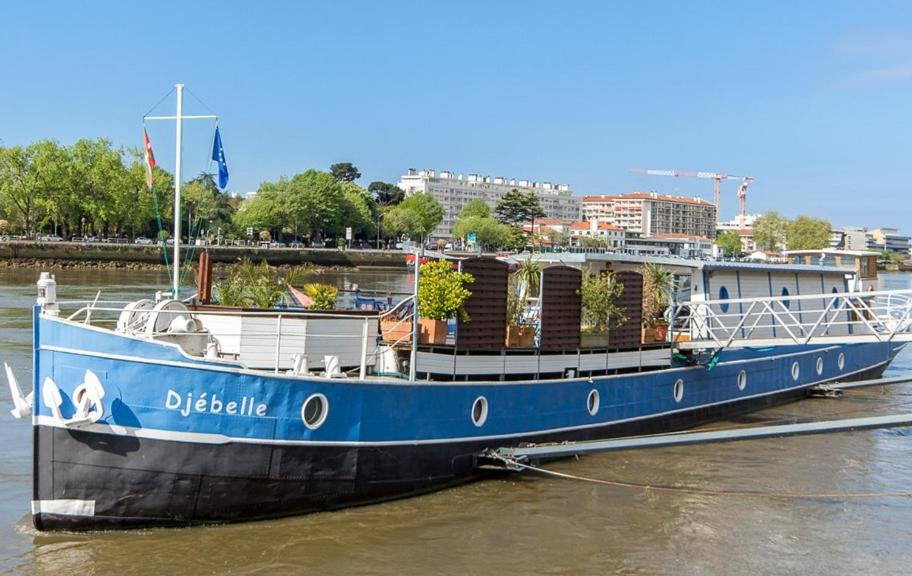 un bateau bleu est amarré dans l'eau dans l'établissement Péniche DJEBELLE, à Bayonne