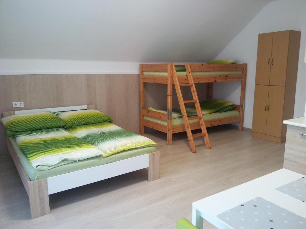 een slaapkamer met 2 stapelbedden en een ladder bij Elza Vendégház in Sárospatak