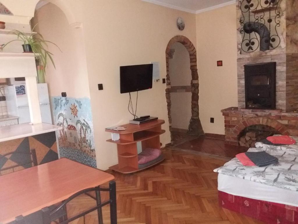 a living room with a tv and a fireplace at Kamilla Apartman in Esztergom