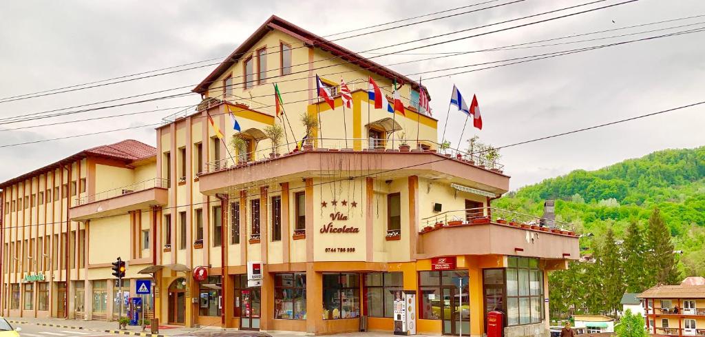 バイレ・オラネシュティにあるVila Nicoletaの旗の黄色い建物
