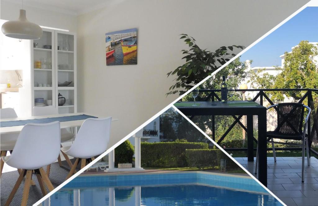 a living room with a table and a swimming pool at Holiday in the Algarve - Tavira Garden T1 in Tavira