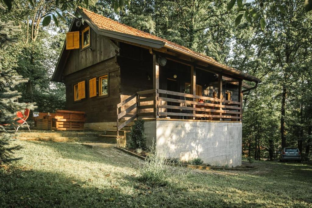 una piccola casa in legno in mezzo a un cortile di WOODEN HOUSE near the River Kupa a Kamanje