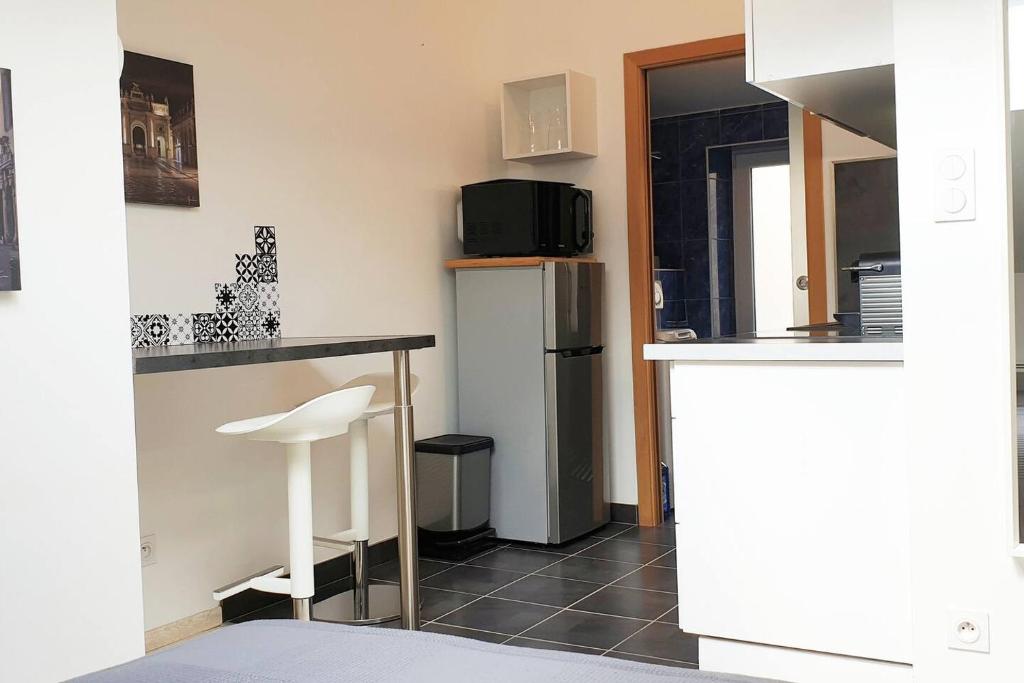 a small kitchen with a refrigerator and a counter at joli studio calme coeur de ville in Nancy