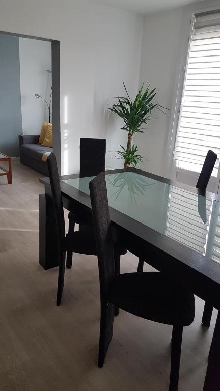 une salle à manger avec une table et des chaises en verre dans l'établissement Dunkerque Malo les bains 2 chambres 15mn plage, à Dunkerque