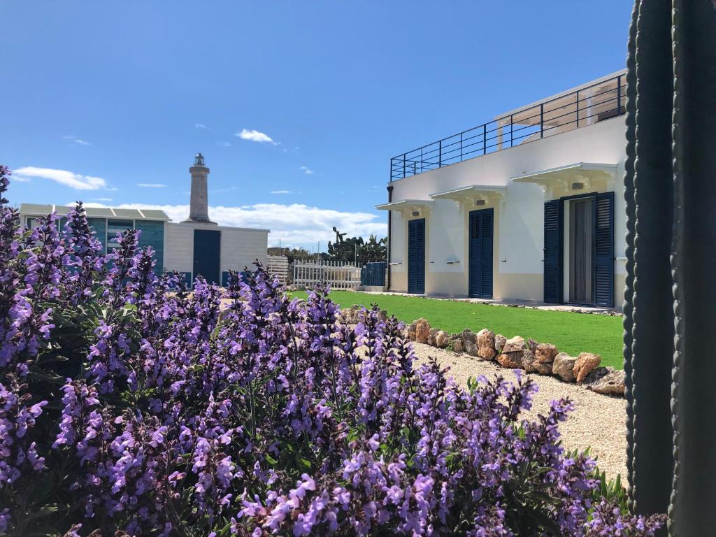 a field of purple flowers in front of a building at B&B Casa del Faro SanVallero Adults Only in Portopalo