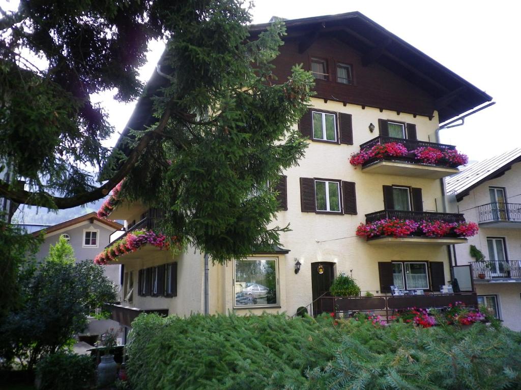 un edificio con cajas de flores en la parte delantera en Ferienappartements Brandner, en Bad Hofgastein