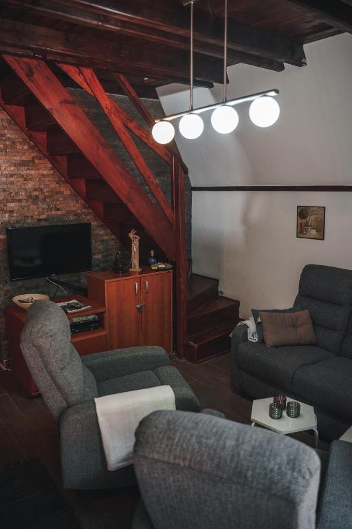 a living room with two couches and a tv at Viola i Detelina Apartments in Perućac