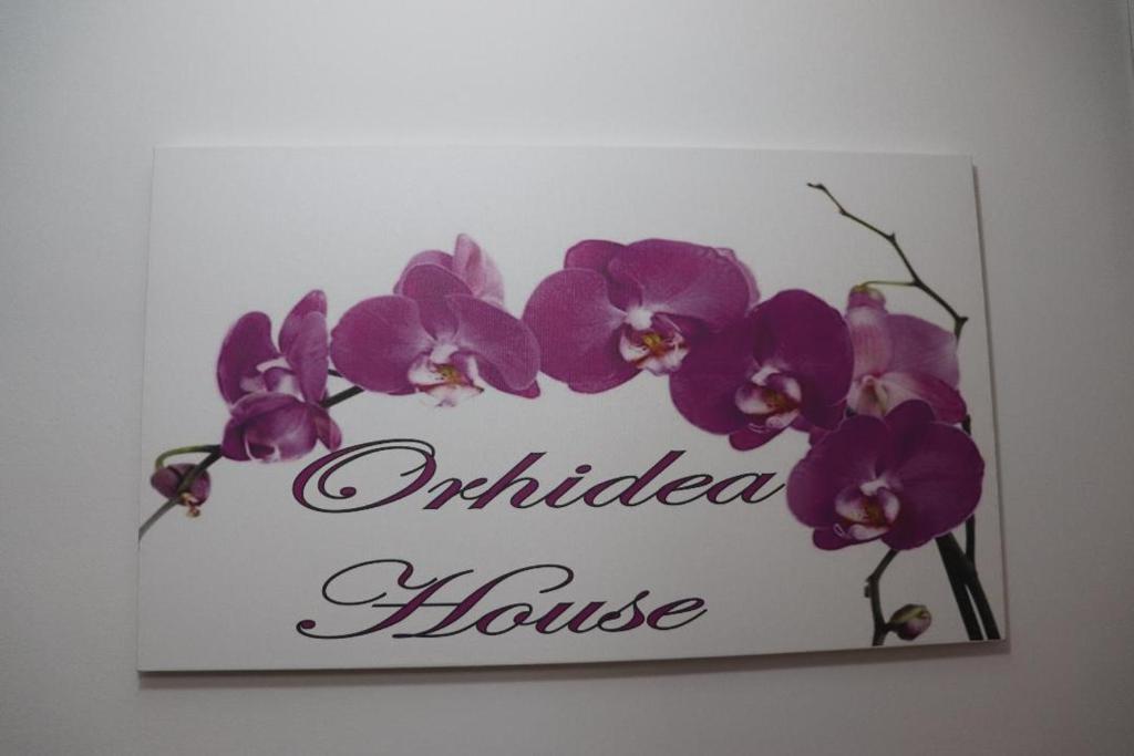 a sign with purple orchid flowers on a wall at Orhidea House in Ohrid