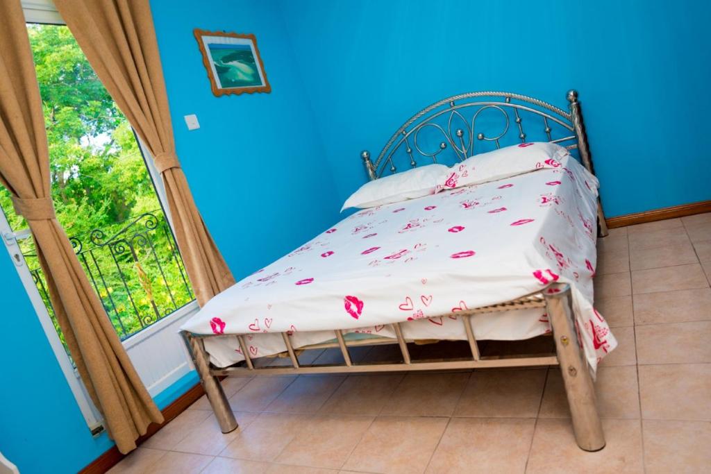 Bett in einem Zimmer mit Fenster in der Unterkunft Garcon des iles in Mont Choisy