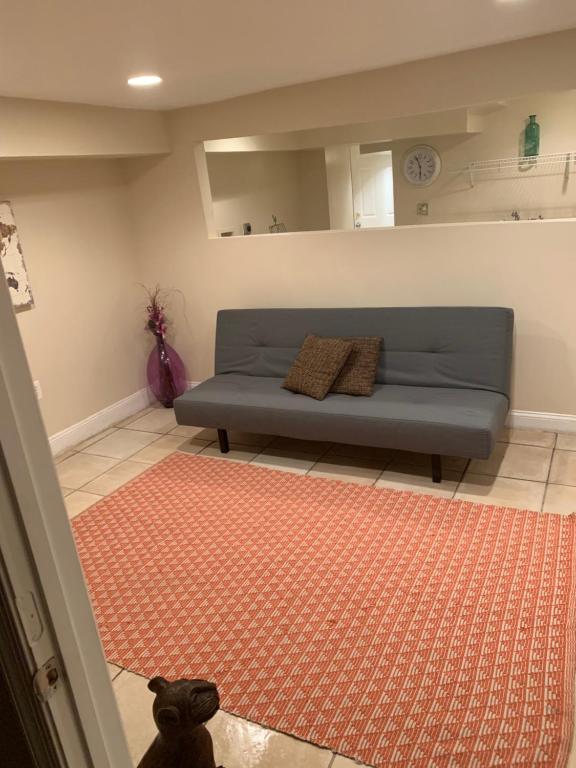 a blue couch in a living room with an orange rug at An English Gem near Union Station in Washington