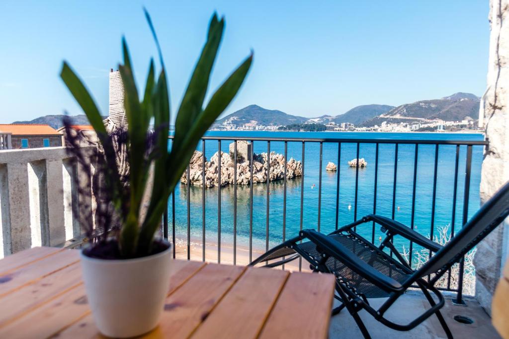 una pianta in vaso seduta su un tavolo di legno di fronte all'oceano di Mima Apartments a Sveti Stefan