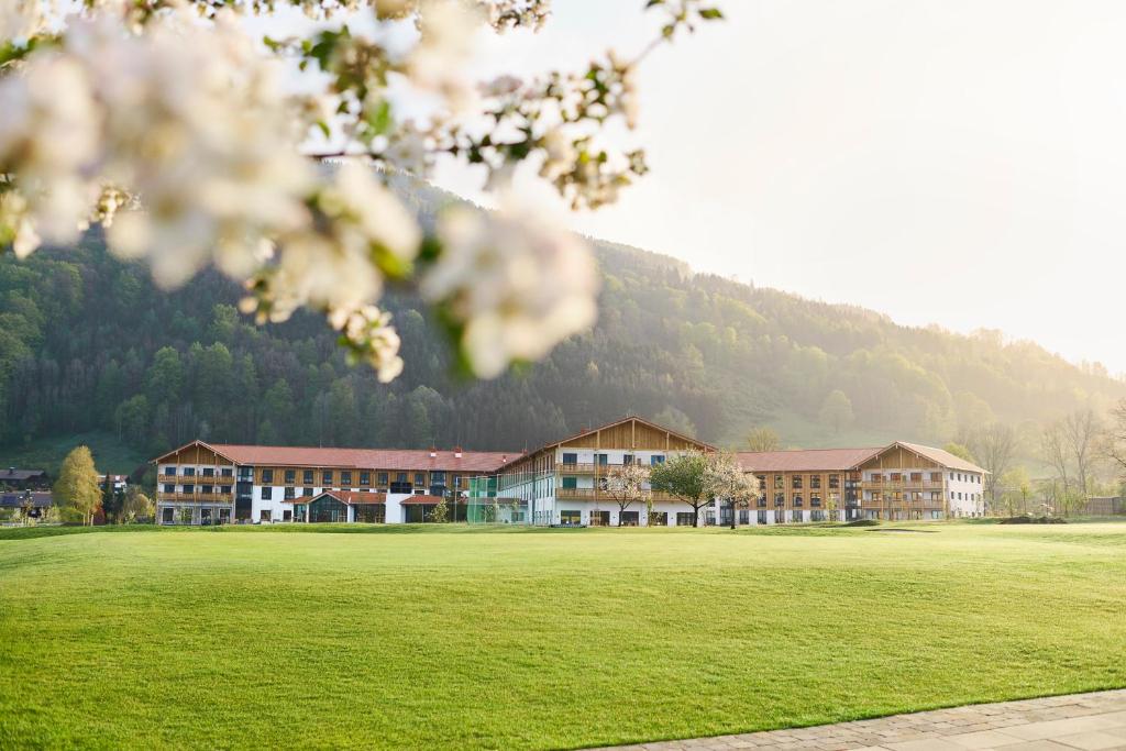 a large building with a field of grass and a mountain at aja Ruhpolding in Ruhpolding