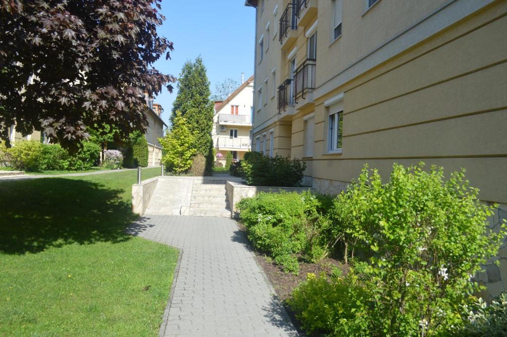 a sidewalk next to a building next to a building at Telepes Apartman in Budapest