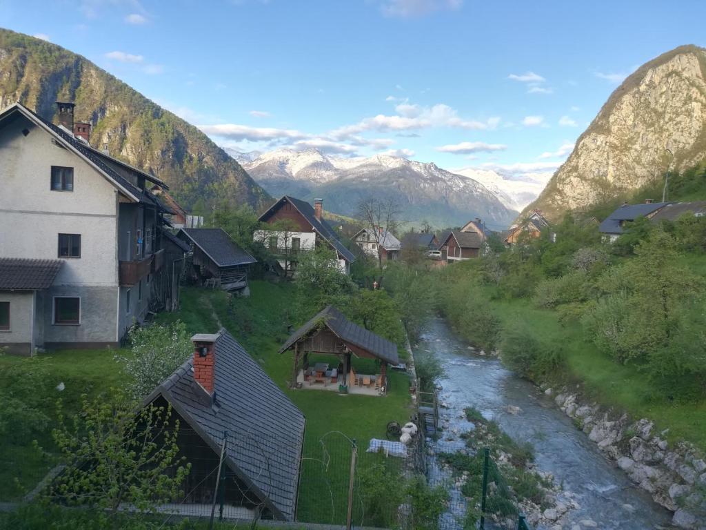 a village with houses and a river and mountains at Apartma PR PEKOVCU in Bohinj