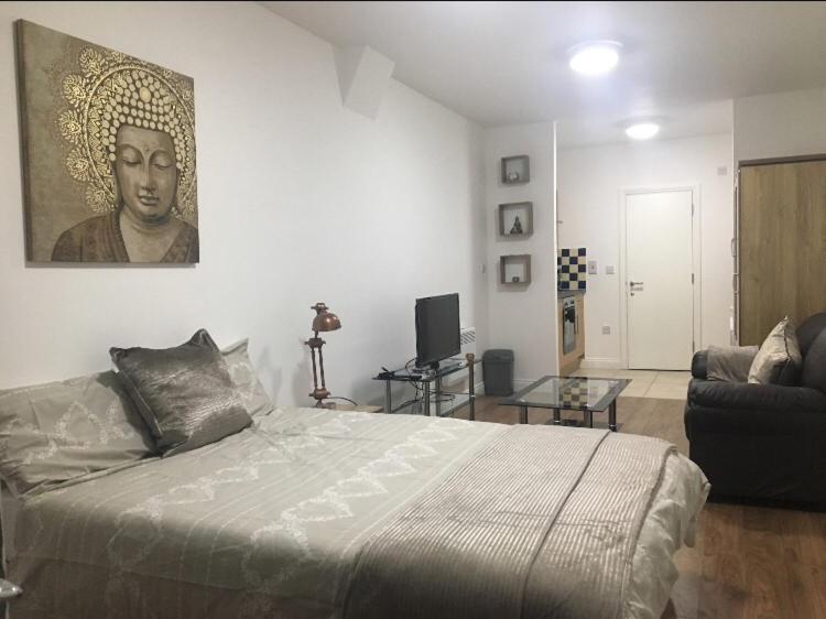 a bedroom with a large bed and a living room at Studio flat in Leicester