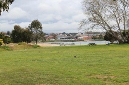 park z ławką na polu trawy w obiekcie Abel Tasman Cabins Devonport w mieście Devonport