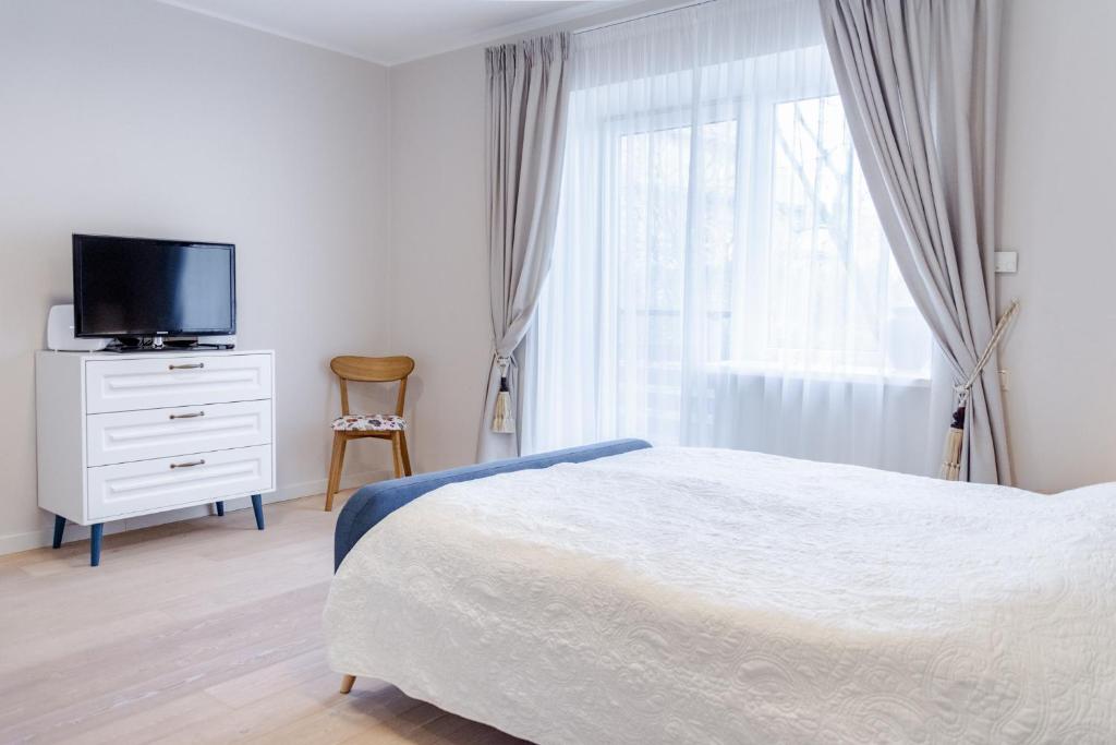a bedroom with a bed and a tv and a window at Near park apartment with balcony in Birštonas