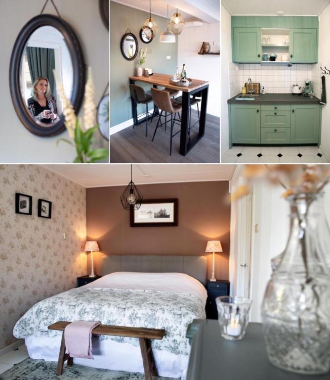 a collage of pictures of a bedroom with a bed and a table at Het Ankertje (Oosterhaven) in Medemblik