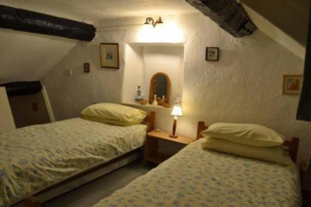 a bedroom with two beds and a lamp on a table at Pat's Cottage in Sheffield