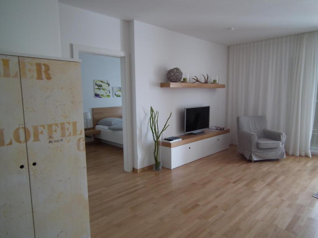 a living room with a television and a couch and a chair at Nassfeld Apartments - "Traditionell anders" in Sonnenalpe Nassfeld