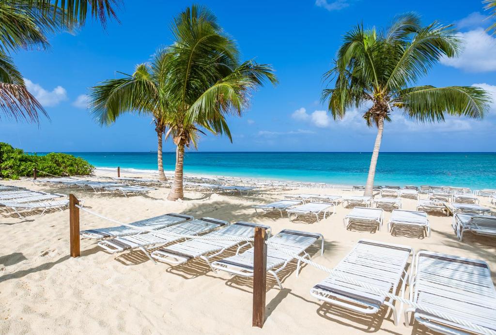 una spiaggia con sedie, palme e l'oceano di Beach Living at Island Pine Villas (BLJ) a George Town