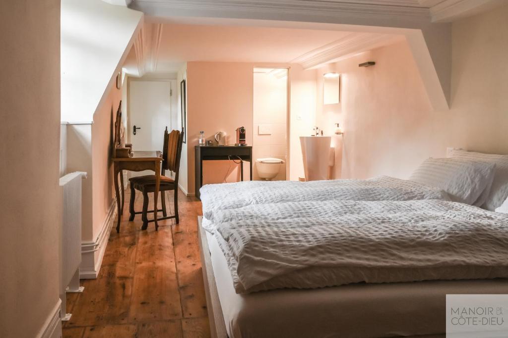 um quarto com uma cama e uma secretária com uma cadeira em Manoir de la Côte-Dieu em Porrentruy