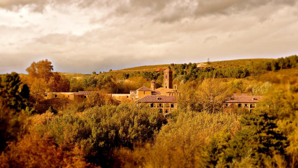 un groupe de bâtiments sur une colline plantée d'arbres dans l'établissement Monasterio De Piedra, à Nuévalos